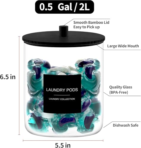 Laundry Pods Container with 27 Labels, Glass Jars for Laundry Room Organization, Detergent Holder with Bamboo Lid, Cute Storage Jars, Black (Set of 1)