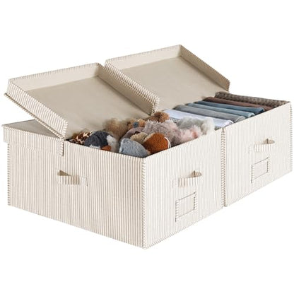 StorageWorks Extra Large Storage Bins with Lids, 55L Decorative Organizer with Divider Board, Fabric Boxes with Handles, Khaki and Beige Stripes, 2-Pack
