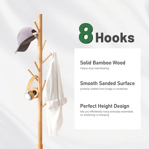 kiplant Coat Rack Freestanding, Bamboo Wood Coat Stand with 8 Hooks,3 Adjustable Size,Easy Assembly NO Tools Required, Coat Tree Hanger Stand for CoatsScarves in Hallway