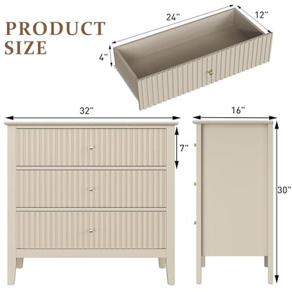 RoyalCraft Beige Fluted 3 Drawer Dresser, 32 inch Wide Dresser Nightstand for Bedroom, Modern Wood Chest of Drawers, Large Painted Nightstand with 3 Drawers for Closet, Hallway, Entryway