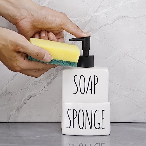 Ceramic Dish soap Dispenser with Sponge Holder Hand and Dish Soap Dispenser Set for Kitchen 2-in-1 Countertop Soap Pump Dispenser for Kitchen Sink, Useful Kitchen Gadgets - Modern Farmhouse White