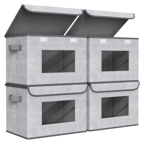 Fabric Closet Storage Bins with Lids for Shelves 4... (4 Count | Gray | Fabric)