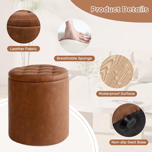 Leather Storage Ottoman Round, Foot Stool with Storage for Living Room