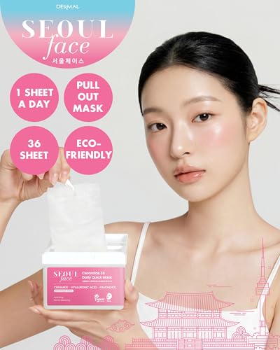 DERMAL Korean Ceramide 5-Minute Daily Sheet Mask Dispenser, 36 Count | 5 ceramides + multi-form hyaluronic acid for 5-minute makeup prep; 36 pull-out lyocell sheets with built-in tweezers