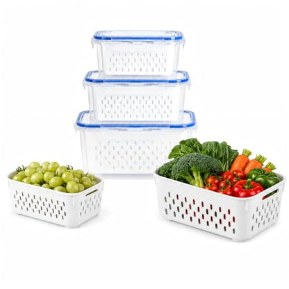 3 Pcs Fruit Storage Containers for Fridge, Produce Storage Containers with Removable Colander Basket & Airtight Lid, BPA-free food storage containers, for Fruits, Vegetables & Meat