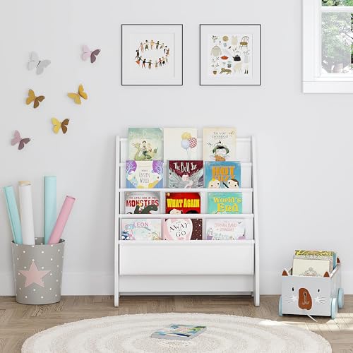 UTEX Kids Bookshelf Storage, Thick Cotton Sling Book Shelf for Kids Rooms | 4-Tier Toddler Magazine Book Rack, Children Book Organizer, Front Facing, Deep, Space Saving, Toddler Room, Gift, White