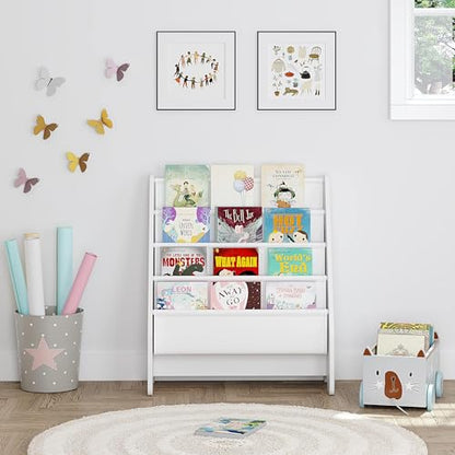 UTEX Kids Bookshelf Storage, Thick Cotton Sling Book Shelf for Kids Rooms | 4-Tier Toddler Magazine Book Rack, Children Book Organizer, Front Facing, Deep, Space Saving, Toddler Room, Gift, White