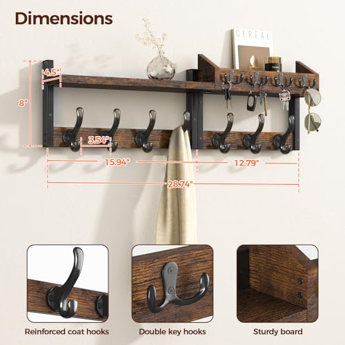 Evermagin 29" Coat Rack Wall Mount with Shelf for Entryway, Rustic Brown | Wall Mounted Coat and Key Rack with Hooks, Key Holder with Mail Organizer for Wall, Living Room, Mudroom, Bedroom