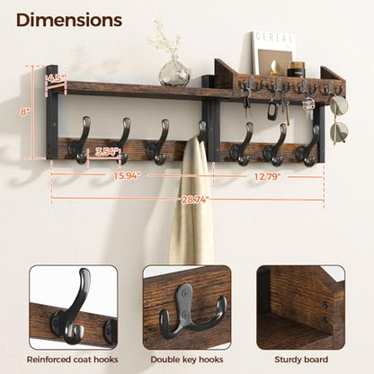 Evermagin 29" Coat Rack Wall Mount with Shelf for Entryway, Rustic Brown | Wall Mounted Coat and Key Rack with Hooks, Key Holder with Mail Organizer for Wall, Living Room, Mudroom, Bedroom