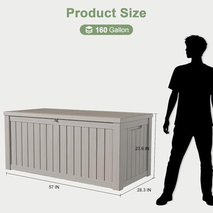 160 Gallon Deck Box, Heavy-Duty Double-Wall Outdoor Storage Box Waterproof for Patio Furniture Cushions & Garden Tools, Lockable Resin Storage Bench with Piston Hinge, Gray