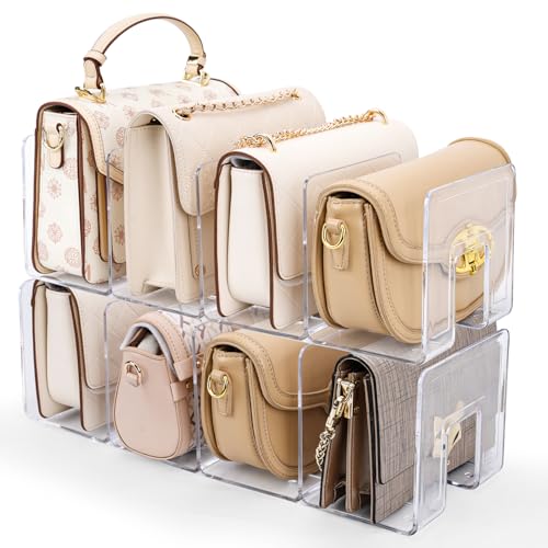 2 Pack Acrylic Purse Organizer for Closet, 8-Slot Bag & Purse Organizer, No Assembly, Clear Handbag Storage Shelf .for Shelf Divider Handbags, Clothes, Sweater