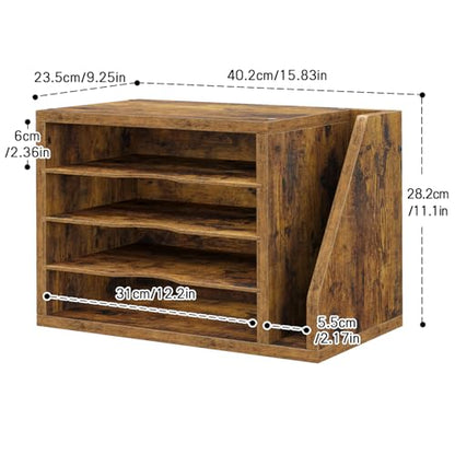 Wooden Mail Organizer, Desk Organizer with 3 Adjustable Shelves | Mail Sorter, File Organizer Desktop, Mail Holder for Home Office, Letter Sorter for Envelopes, Bills, Magazines, Rustic Brown