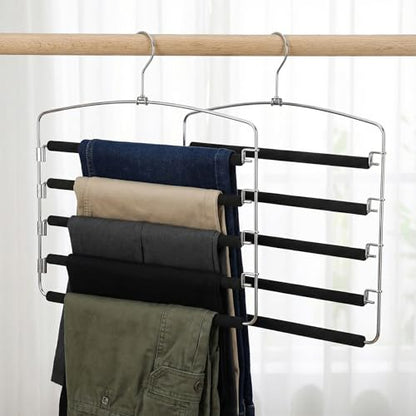 2 Pack 5 Tier Pants Hanger, Multi-Tier Pants Hangers Space Saving, 5-Layer Swing Arm Pant Hanger, Stainless Steel Closet Organizer for Jeans Trousers, Non-Slip Pant Rack for Wardrobe Storage