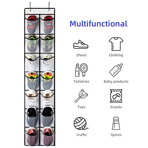 KEEPJOY 2 Pack White 14 Pockets Over the Door Shoe Organizer, Hanging Shoe Organizer with 4 Hooks, Shoe Holder with 14 Mesh Pockets Closet Door Shoe Storage Bag (White-2Pack)