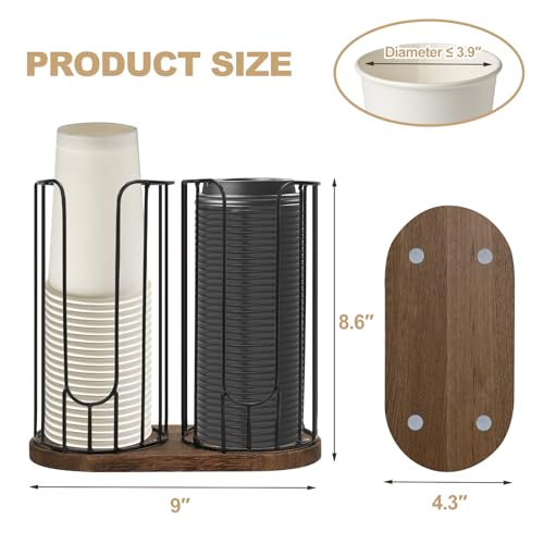 2-Compartment 18oz Coffee Cup Dispenser Rack with Wood Base, Disposable Cup, and Lid Organizer for Countertop - Perfect for Paper Cups, and Lid Organizer
