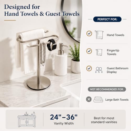 Brushed Nickel Hand Towel Holder Stand,13 Inch Free-Standing Towel Rack, SUS304 Stainless Steel Towel Bar Rack Stand, Tower Bar for Bathroom Kitchen Vanity Countertop…