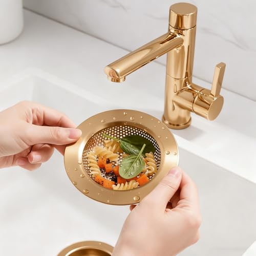 2 Pcs Sink Strainer Stainless Steel Kitchen Sink Drain Strainer Basket Cover Mesh Hair Food Catcher, Large Wide Rim of 4.4 Diameter (Champagne Bronze)