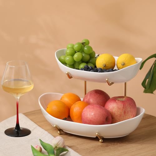 Large Size 2 Tier Ceramic Fruit Bowl,（13.4 and 11... (Gold and White | Ceramic)