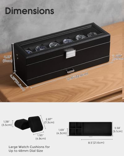 Lolalet 6-Slot Watch Case for Men, Mens Jewelry Box with Glass Lid -Black | Watch & Jewelry Box with Drawer, Easy-Clean PU Leather, Soft Removable Pillow, Home Organizer&Display, Dust-Proof, Men's Gift