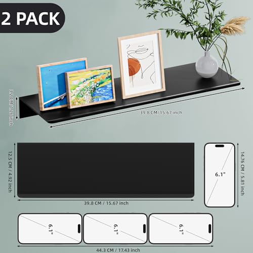 Adhesive Shelves for Wall, Metal Floating Shelf 2 Pack, 15.7x4.9IN | Rustproof Aluminium Shower Caddy, No Drilling, Matte Black Finish, For Living Room, Bedroom, Bathroom, Display Ledge