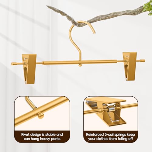 10 Pack Gold Metal Pants Skirt Hangers with Clips & Swivel Hooks | Lightweight Aluminum & Sturdy, Non-Slip Pads for Trouser, Skirts, Jeans, Scarf, Camisoles, Kids & Adults
