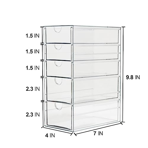 Plastic Drawer Storage with 5 Different Sizes Drawers, Clear Light Gray Hair Accessories Organizer, Transparent Dresser Bathroom Organizer
