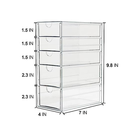 Plastic Drawer Storage with 5 Different Sizes Drawers, Clear Light Gray Hair Accessories Organizer, Transparent Dresser Bathroom Organizer