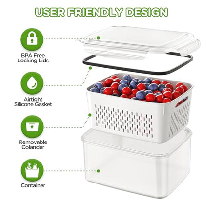 4 PCS Fruit Storage Containers for Fridge, Produce Containers for Fridge with Removable Colander, All-In-One Fruit Washing Bowl with Strainer Microwave/Dishwasher Safe for Salad Berry Lettuce Keeper