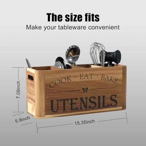 Utensil Holder for Kitchen Countertop - Extra Large 4 Compartment Wooden Organizer in Acacia Wood, Storage for Cooking Tools and Cutlery, Farmhouse Style for Home Cooking
