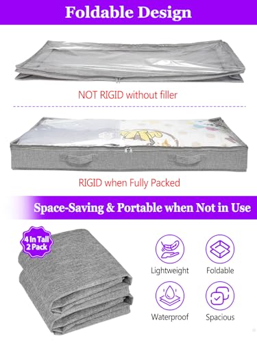 4-in Low Profile Under Bed Storage, No Structure, 2-Pack, Gray | 4" Ultra-Slim, Clear Lid, Reinfoced Handles & Smooth Zips, Dustproof & Waterproof, for Low Bed, Couch, Crib Storage