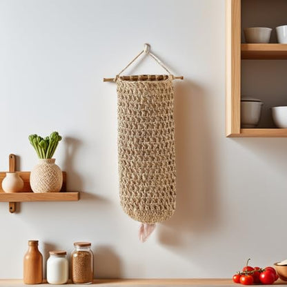 Plastic Bag Holders for Grocery Bags – Handwoven Jute Grocery Bag Holder, Rustic Plastic Bag Organizer for Kitchen – Bag Holder for Plastic Bags Groceries Store (Natural Hemp)