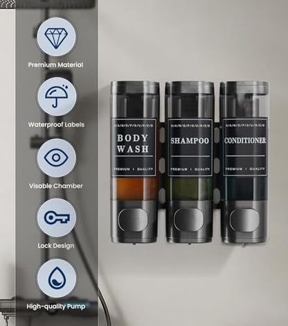 Shower Soap Dispenser Wall Mounted No Drill Shampoo Dispenser for Shower Wall Shampoo and Conditioner Dispenser Bathroom Hotel 3 * 350ml Gungray with Labels