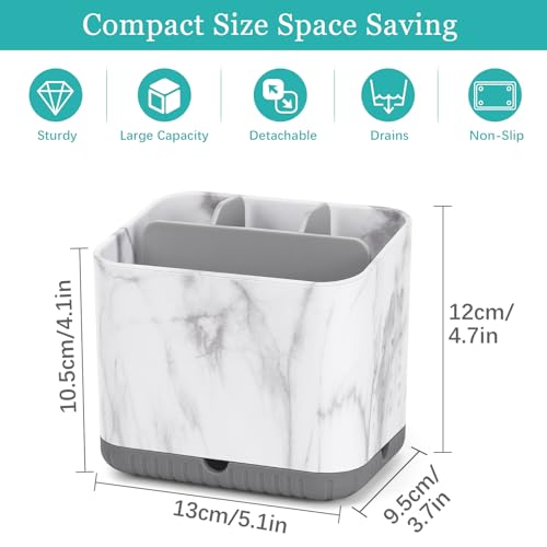 Toothbrush Holder for Bathrooms, Toothbrush Organizer (Grey Marble Grain) | Easy To Clean, Drainage, Removable, Non-Slip, 4 Slots Tooth Brush Holder for Bathroom Countertop Organizer