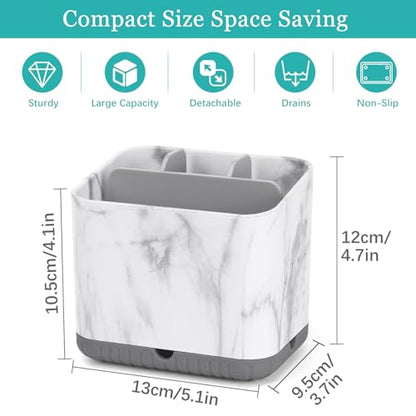 Toothbrush Holder for Bathrooms, Toothbrush Organizer (Grey Marble Grain) | Easy To Clean, Drainage, Removable, Non-Slip, 4 Slots Tooth Brush Holder for Bathroom Countertop Organizer
