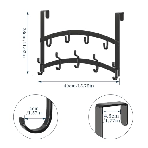 Over the Door Hooks Organizer - 2 Tier Door Hanger with 14 Hook Heavy Duty Stainless Steel for Towels, Coats, Jackets & Bags, Towel Rack for Bathroom Bedroom, Fits Up to 1.77" Doors, Black
