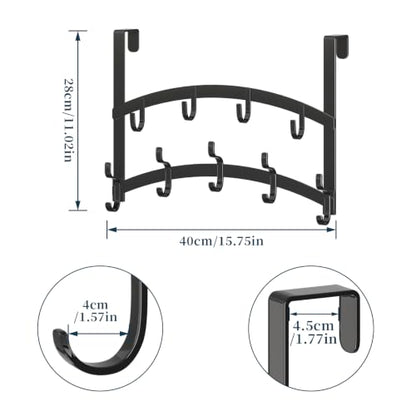 Over the Door Hooks Organizer - 2 Tier Door Hanger with 14 Hook Heavy Duty Stainless Steel for Towels, Coats, Jackets & Bags, Towel Rack for Bathroom Bedroom, Fits Up to 1.77" Doors, Black