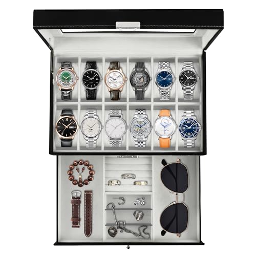 Ogrmar 12 Slot PU Leather Lockable Watch Storage Box for Men & Women Black | Watch Cases for Men & Women Jewelry Display Drawer Case, 2-tier Organizer Watch Showcase with Glass Lid