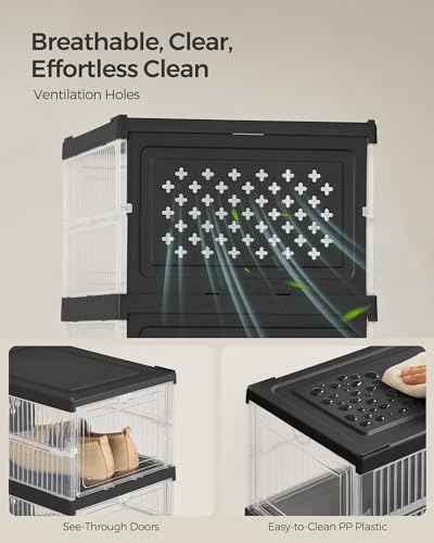 SONGMICS Foldable Shoe Boxes, Stackable Shoe Storage Organizer | Pack of 18, Portable, Fit up to US size 13, 60s Assembly, Transparent and Ink Black ULSP207B01