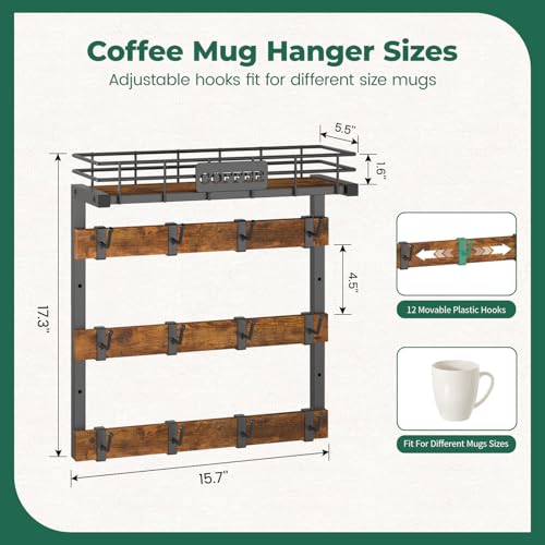 Coffee Mug Holder Wall Mounted Display Rack, Black... (Black | Metal, Wood)