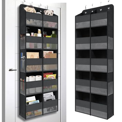 Giraffe Creation Black Over Door Organizer with 10 Large Clear Pockets, Double-Row Hanging Door Storage for Closet, Bathroom, Nursery, Bedroom, Dorm, Toys, Cosmetics, Baby Essentials