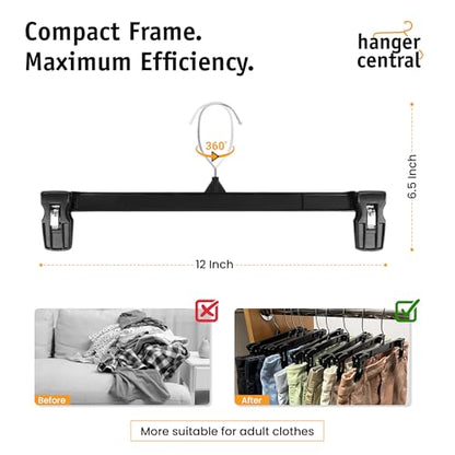 12 inch 30 Pack Pants Hangers Slim Plastic Clothes Hangers with Clips for Skirts, Shorts & Trousers – Non Slip Grip, Heavy Duty Space Saver with Swivel Hook – Black Closet Organizer
