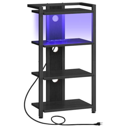 HOOBRO Game Console Shelf, 4-Tier Video Gaming Consoles Stand with Outlet & RGB Light, Audio Rack Tower for Turntable, Stereo Equipment, Wooden Entertainment Storage Stand, Black BB38UDCJ01