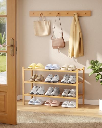 Kitsure Bamboo Wooden Shoe Rack for Closet, 26.8" Wide - 3 Tiers, Natural | Stackable Shoe Organizer with Modular Structure, Space-Saving Shoe Shelf for Entryway, Living Room, Zapateras Organizer