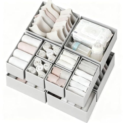 Drawer Organizer Clothes 12 Pack, Dresser Organizer for Nursery Bedroom Closet Organization and Storage - Baby Clothes Organizer Bins - Drawer Divider for Sock Underwear Bra Ties (Grey)