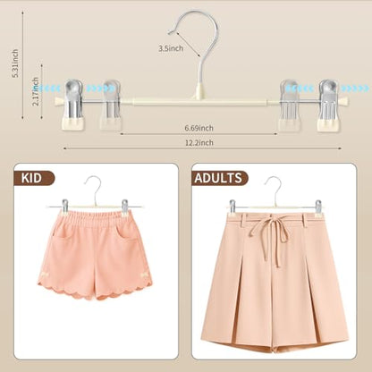 Pants Skirt Hangers with Clips, 10 Pack, Ivory, 12 Inch | Non-Slip,Adjustable metal wide clips,Space-Saving,Heavy duty, for pants/skirt/dress/trousers/jeans/shorts/leggings,Women