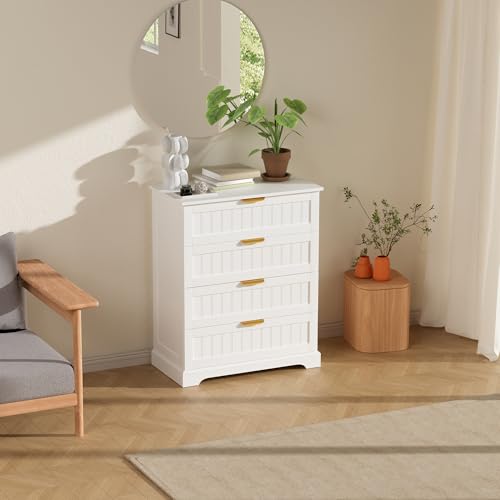 4 Drawer Dresser for Bedroom, Modern Farmhouse Wood Chest of Drawers with Metal Handles, Spacious Storage Drawers for Closet, Living Room, Entryway, White