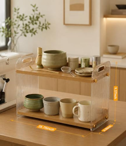 2 Tier Coffee Station Organizer - Acrylic & Pine Wood -15.75" x6.18" x9.37" | Easy-to-Clean coffee bar shelf, Matcha Station for Kitchen Countertops, for Placing Mugs, Coffee Beans, Syrup, Cups etc.