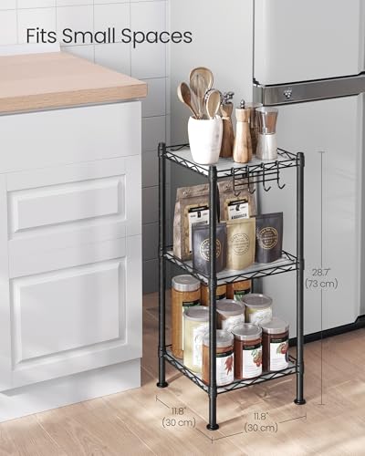 SONGMICS Storage Shelf, Bathroom Shelf for Small Space, 3 Tier, Ink Black | Storage rack with 3 PP shelf liners, removable hook, extendable design, Translucent, ULGR103B01