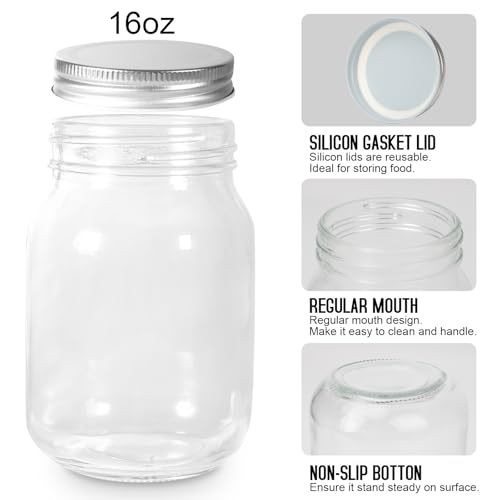 Glass Mason Jars, 16oz Regular Mouth Canning Jar with Airtight Lids, 4 Pack