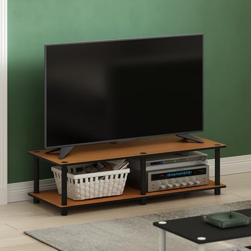 Furinno JUST Toolless TV Stand, 2-Tier Wide Entertainment Center for TV up to 46 Inch, Open Shelf TV Console, for Living Room, Bedroom, Light Cherry